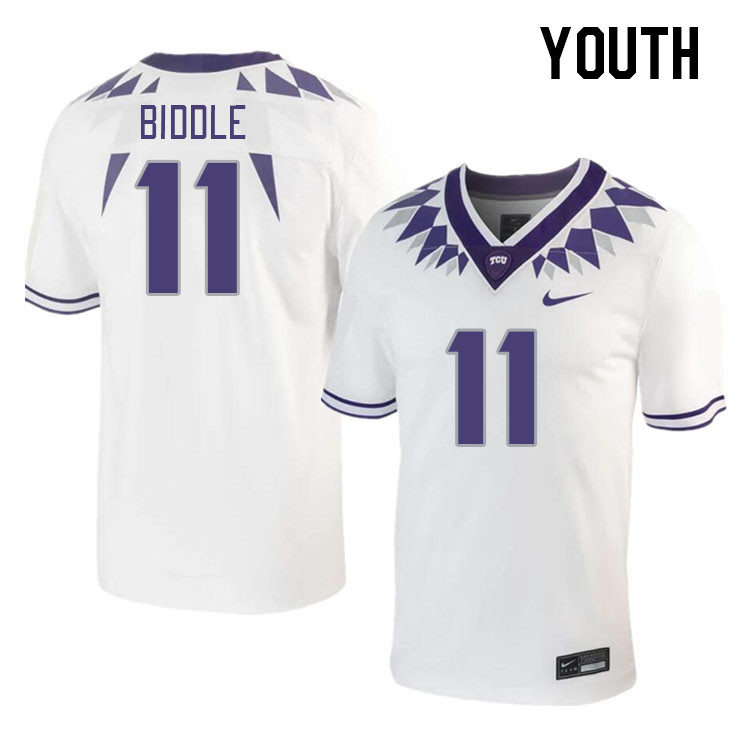 Youth #11 Chace Biddle TCU Horned Frogs 2023 College Footbal Jerseys Stitched-White - Click Image to Close
